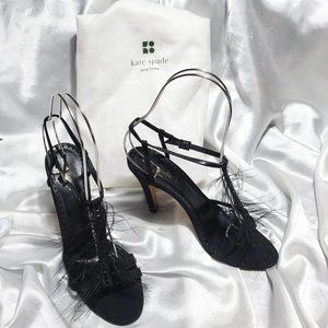 KATE SPADE NEW YORK black strappy T-strap heels rhinestones pony hair accents